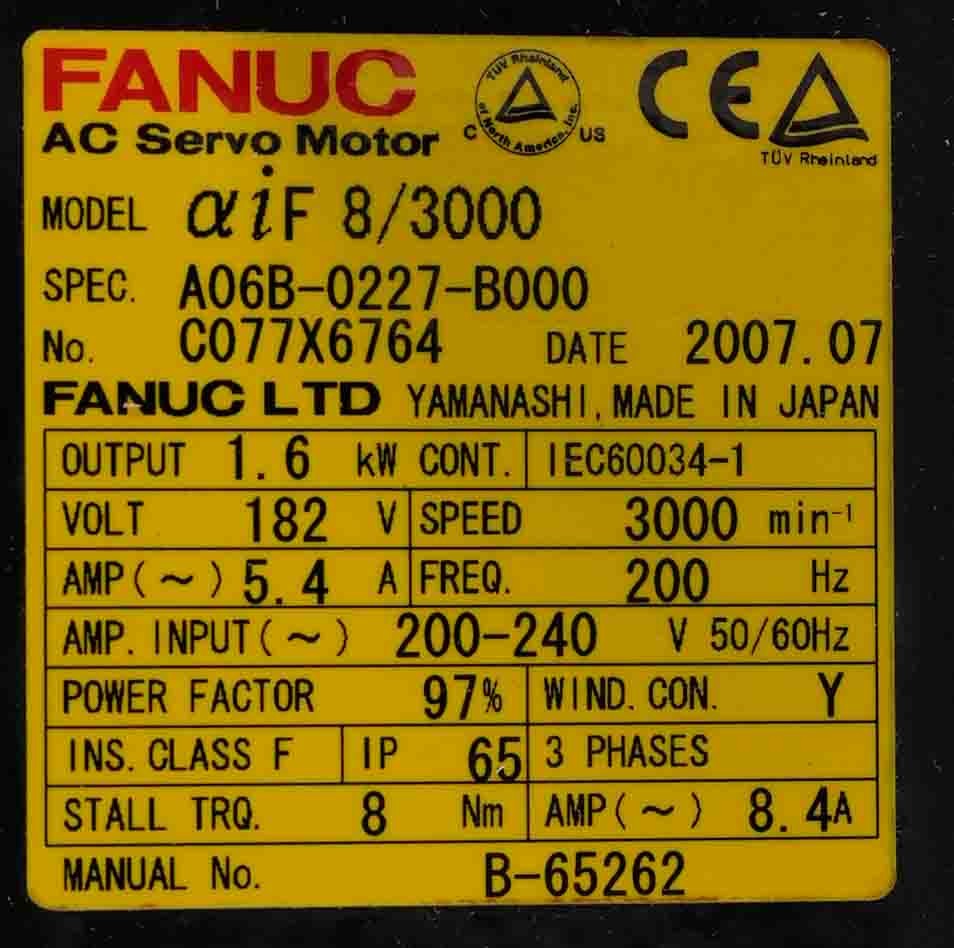 FANUC A06B-0227-B000 AC Servo Motor Model aiF 8/3000 1.6kW A06B0227B000