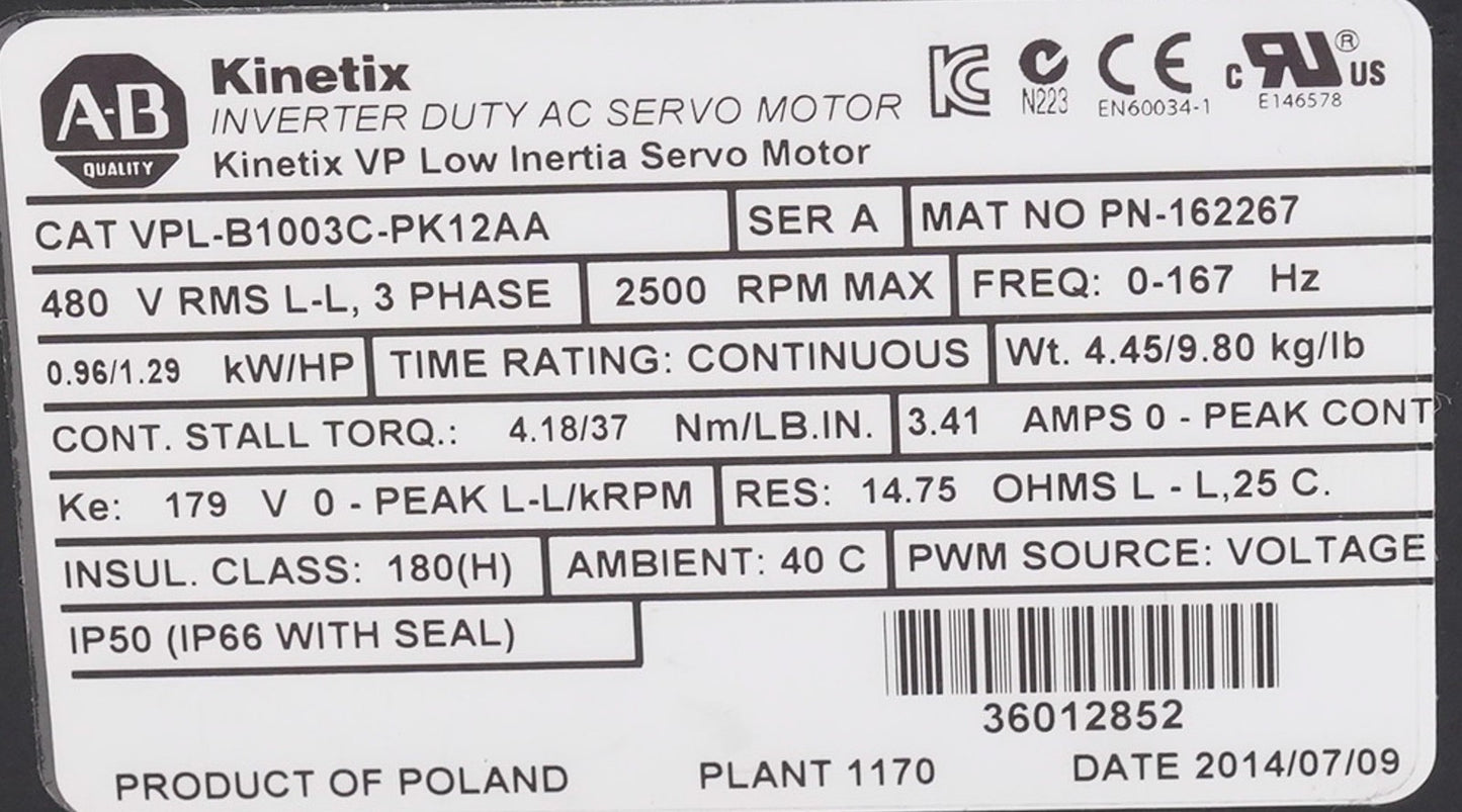 Allen Bradley VPL-B1003C-PK12AA /A AC Servo Motor 480V 3-Phase 2500RPM
