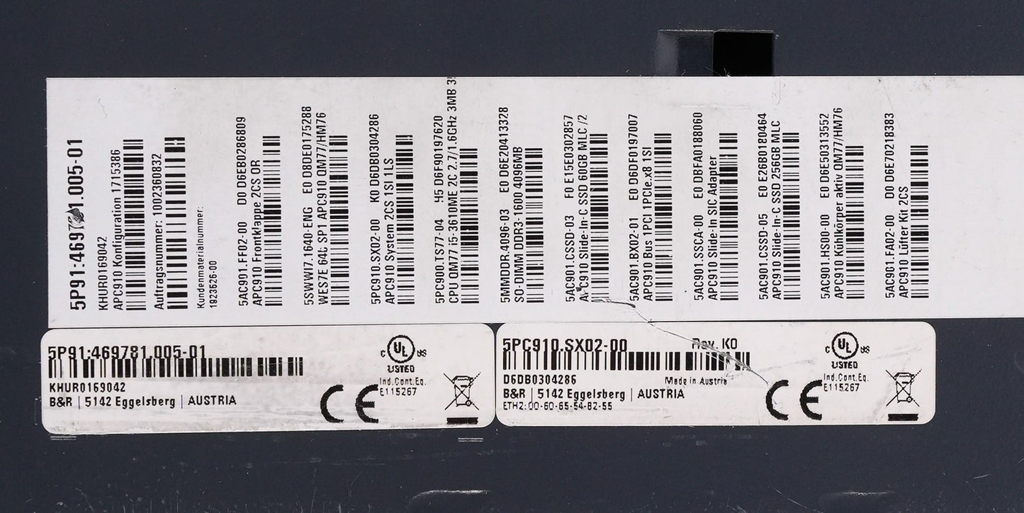 B&R Automation 5PC910.SX02-00 Rev. K0 PC 910 5P91:469781.005-01 Industrial PC