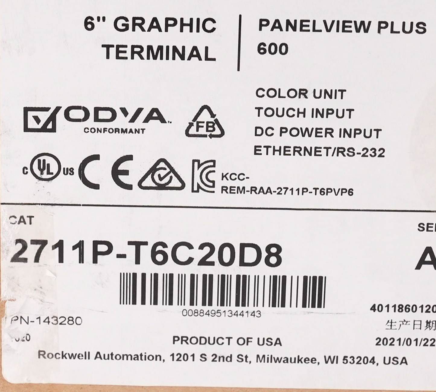 Allen Bradley 2711P-T6C20D8 /A PanelView Plus 600 2711PT6C20D8 - Sealed Surplus