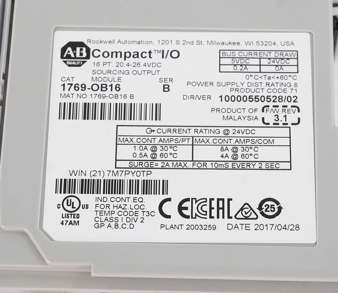 Allen Bradley 1769-OB16 Ser B CompactLogix 16 Pt 24V DC Sourcing Output Module