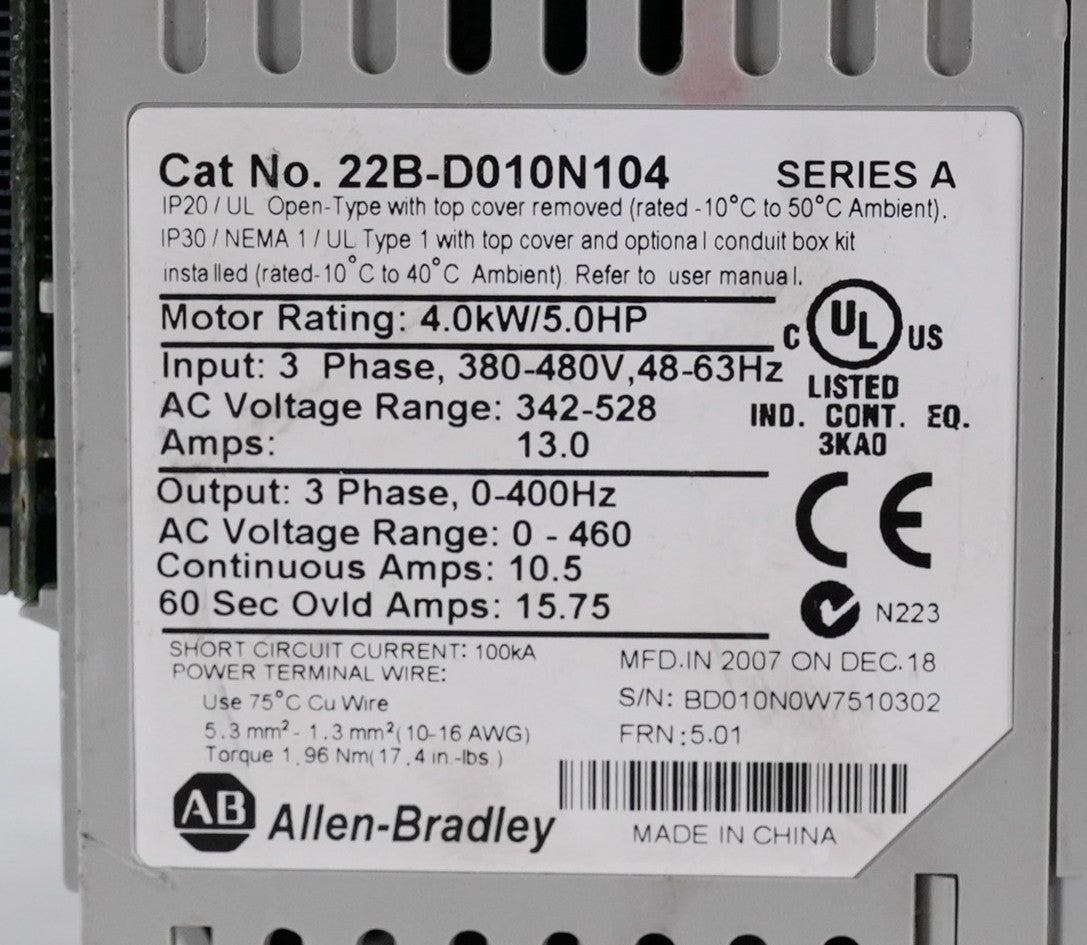 Allen Bradley 22B-D010N104 /A Powerflex 40 5HP Frequency AC Drive 22BD010N104