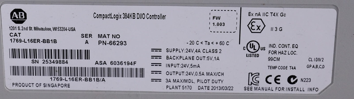 Allen-Bradley 1769-L16ER-BB1B /A CompactLogix PLC Controller - Refurbished