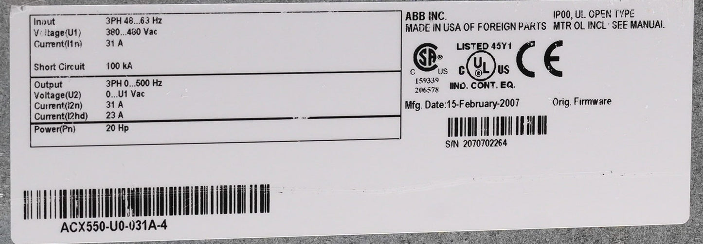 ABB ACX550-U0-031A-4 AC Drive 480V 20HP 31A 100kA ACX550U0031A4
