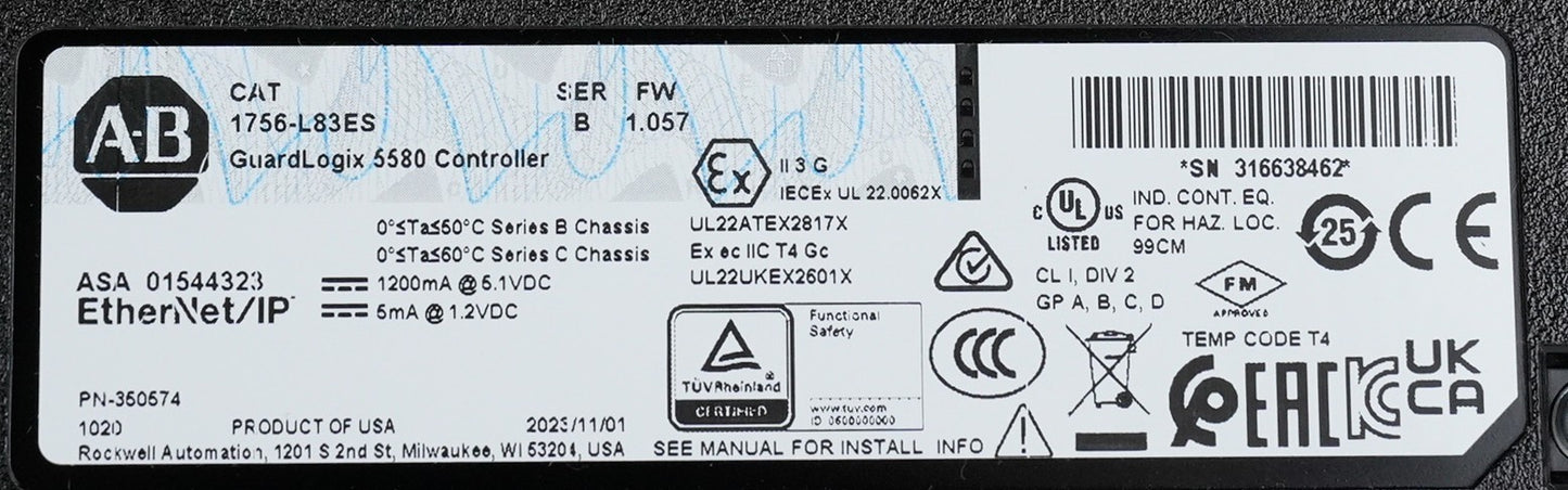 Allen Bradley 1756-L83ES /B GuardLogix 5580 EtherNet/USB Controller 1756L83ES