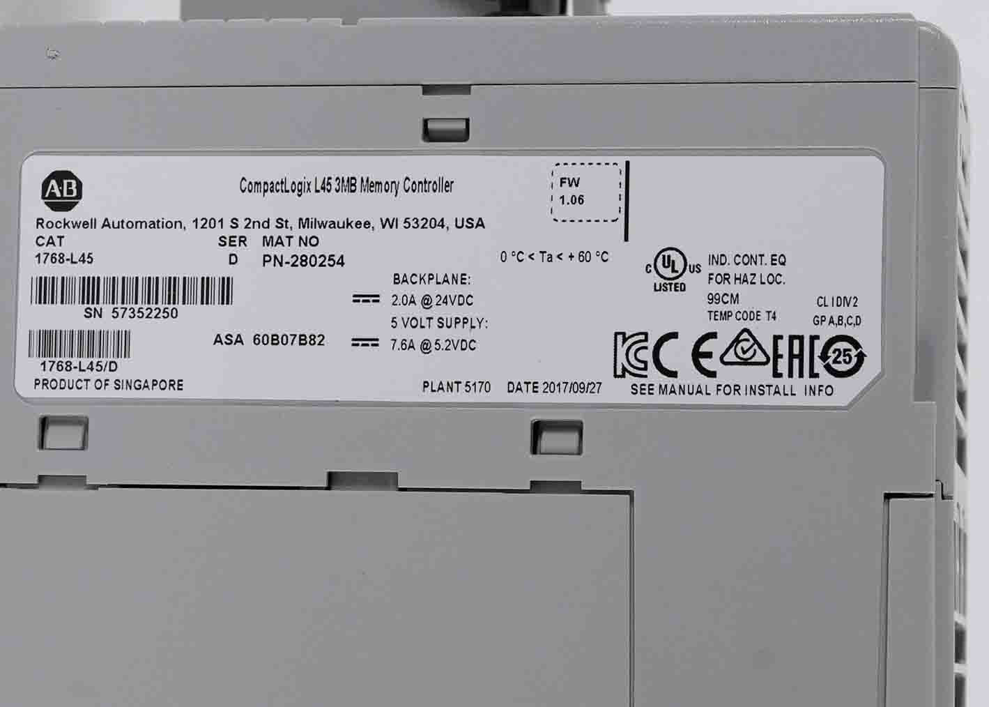 Allen Bradley 1768-L45 /D CompactLogix L45 3MB Memory Controller 1768L45
