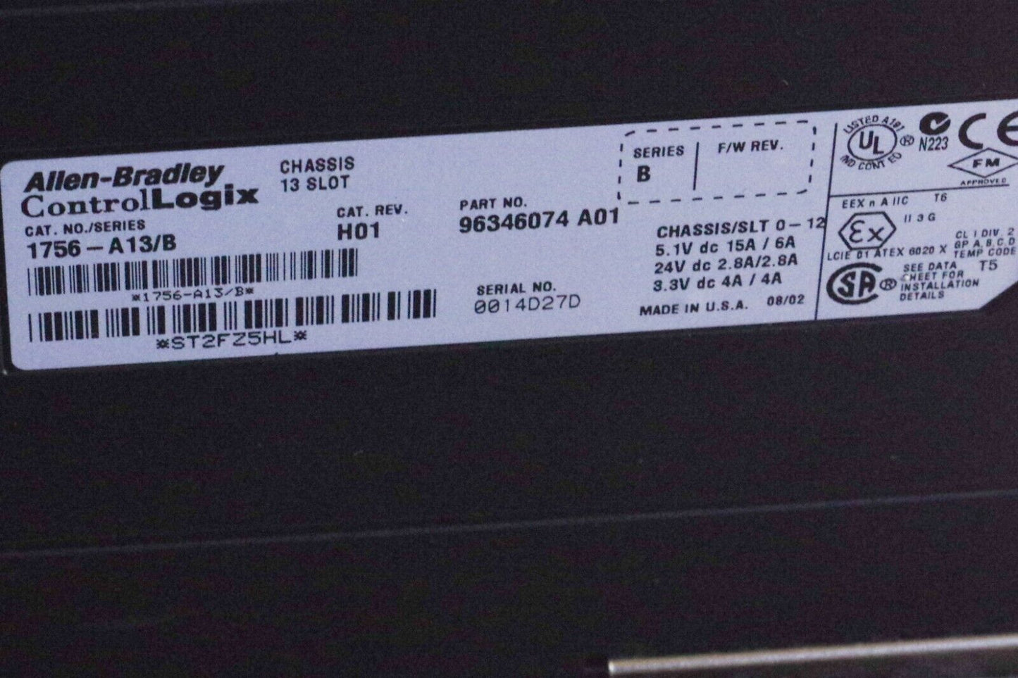 Allen Bradley 1756-A13/B Ser B 13-Slot ControlLogix Chassis + 1756-PA72/B PS