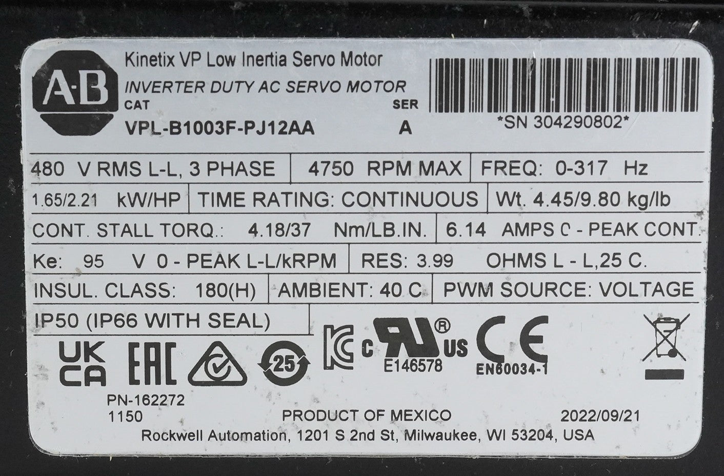Allen Bradley VPL-B1003F-PJ12AA /A Kinetix VP Low Inertia AC Servo Motor