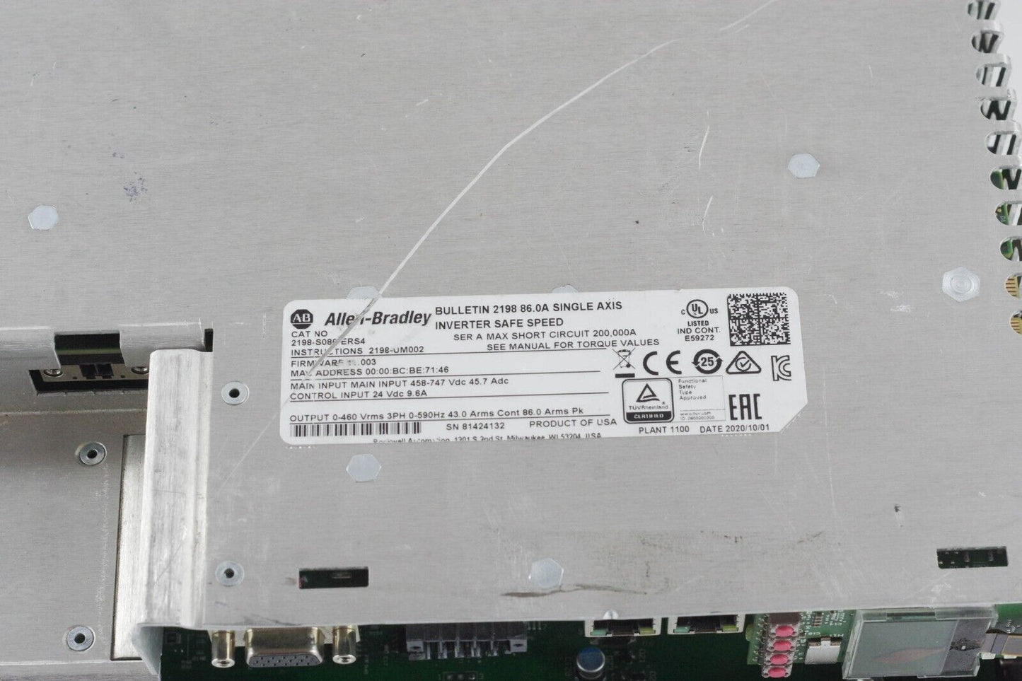 2020 ALLEN BRADLEY 2198-S086-ERS4 Kinetix 5700 Inverter- Poor Condition