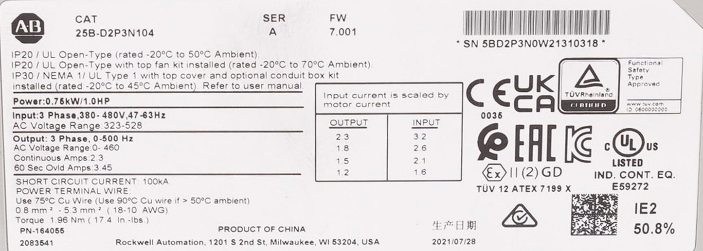 Allen Bradley 25B-D2P3N104 /A PowerFlex 525 AC Drive 480V 3PH 1HP 0.75kW