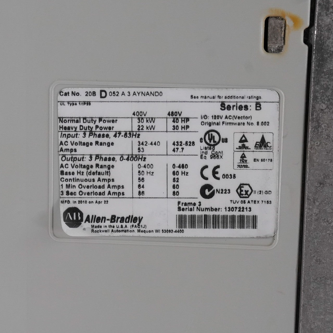 Allen Bradley 20BD052A3AYNAND0 /A PowerFlex 700 480V 52A 40HP AC Drive