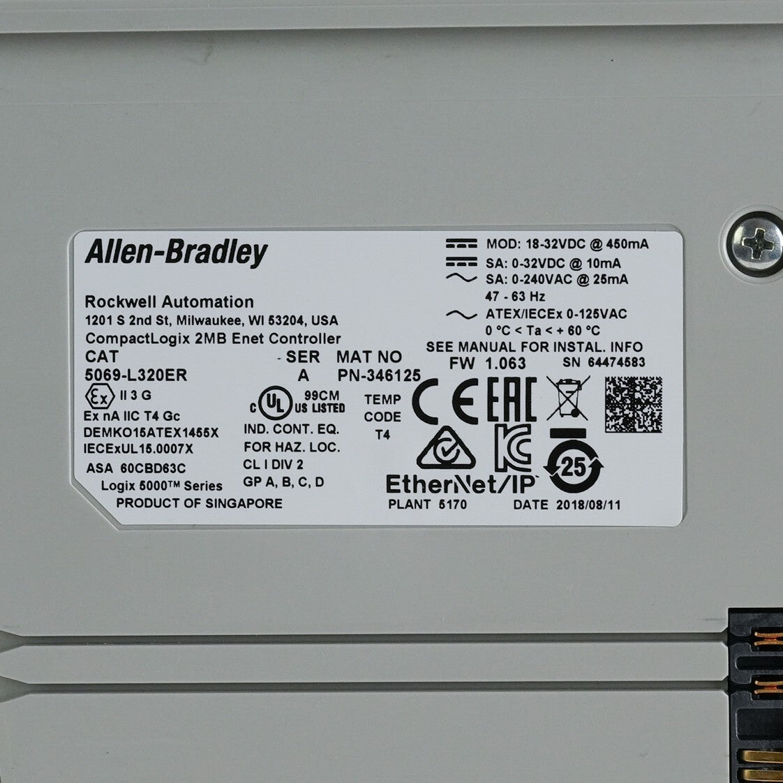 Allen Bradley 5069-L320ER /A CompactLogix 5380 Controller 2MB CPU PLC
