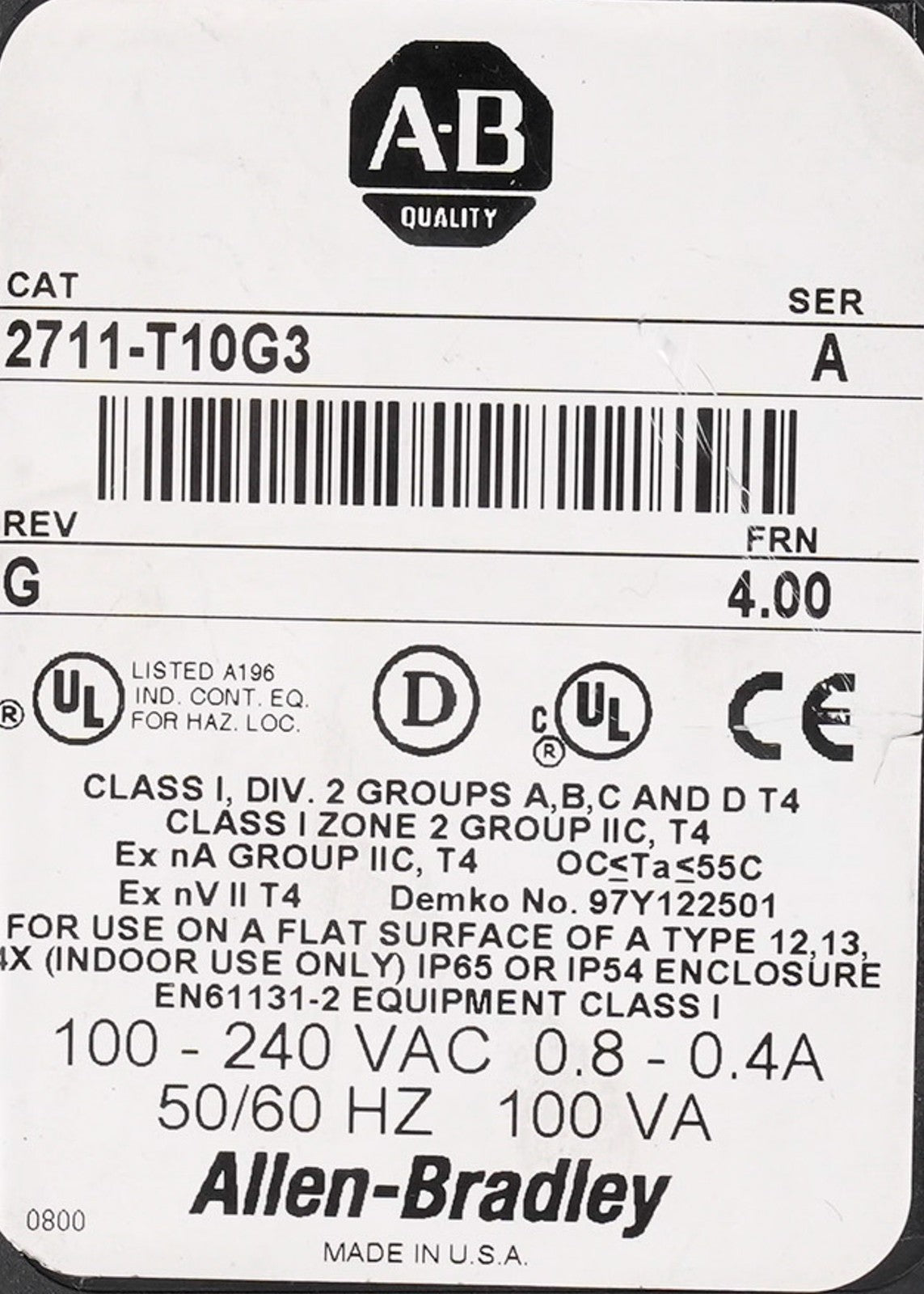 Allen Bradley 2711-T10G3 /A Rev G FRN 4 PanelView 1000 Touch Display 2711T10G3