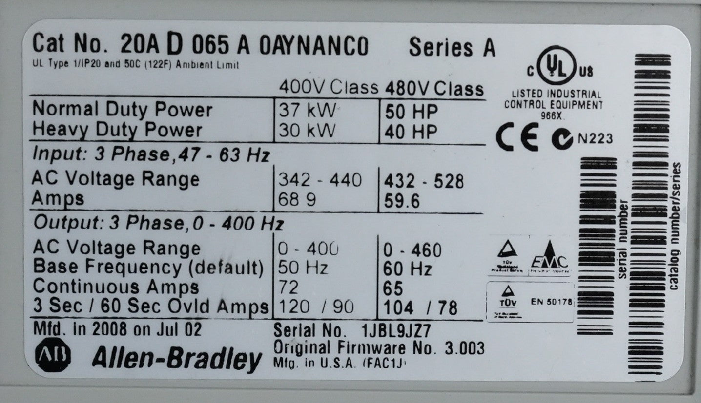 Allen Bradley 20AD065A0AYNANC0 /A Powerflex 70 50HP 480V AC Drive