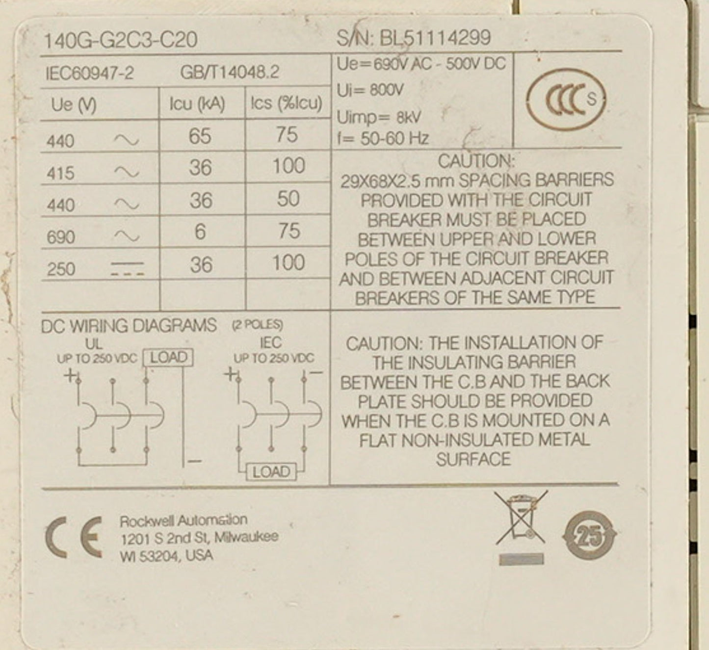 Allen Bradley 140G-G2C3-C20 Circuit Breaker 20A 3-Pole 140GG2C3C20
