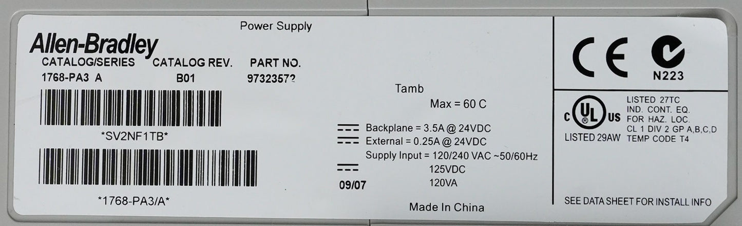 Allen Bradley 1768-PA3 /A Catalog Rev. B01 CompactLogix Power Supply Module