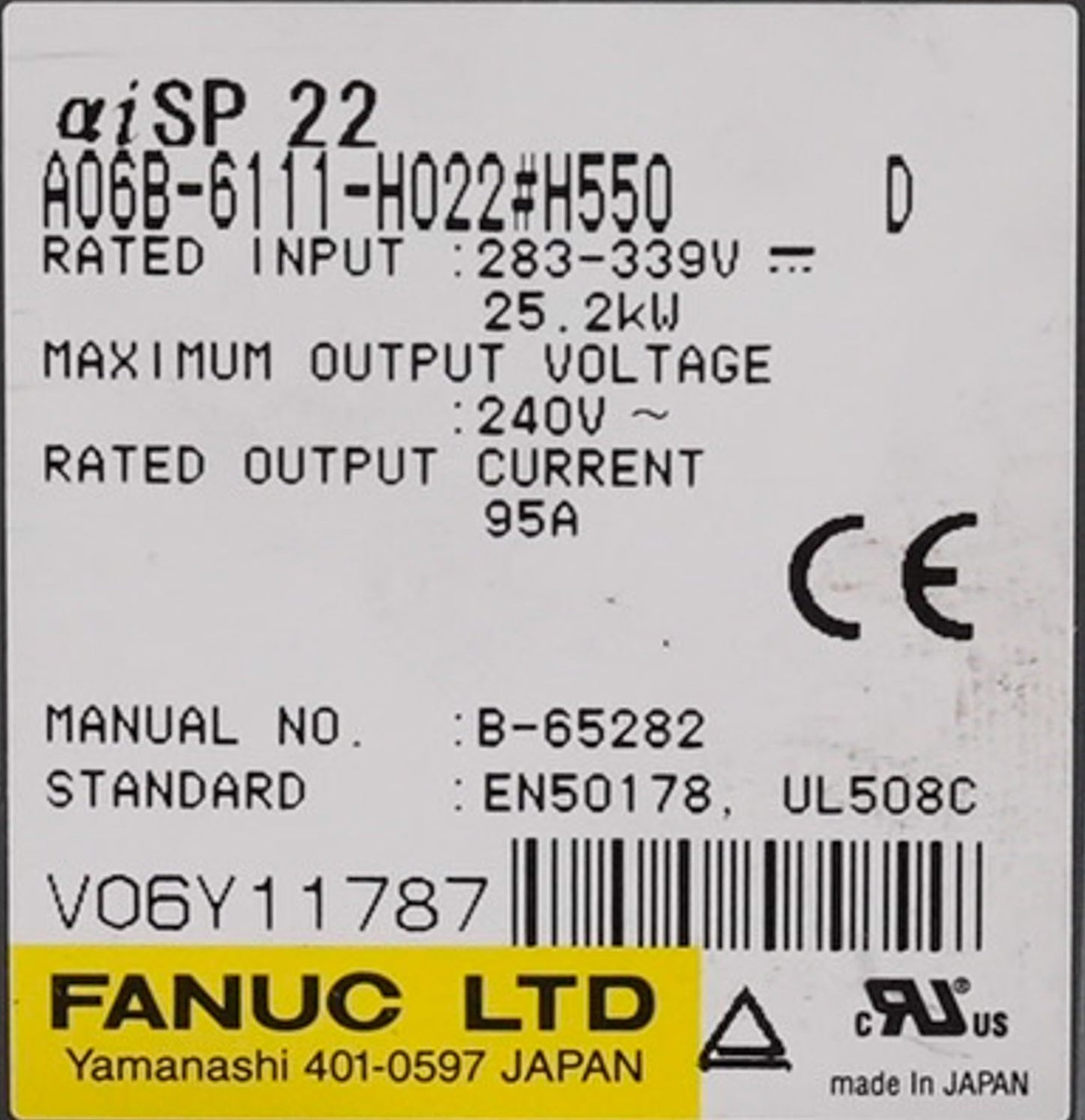 FANUC A06B-6111-H022 #H550 aiSP Spindle Amplifier A06B6111H022