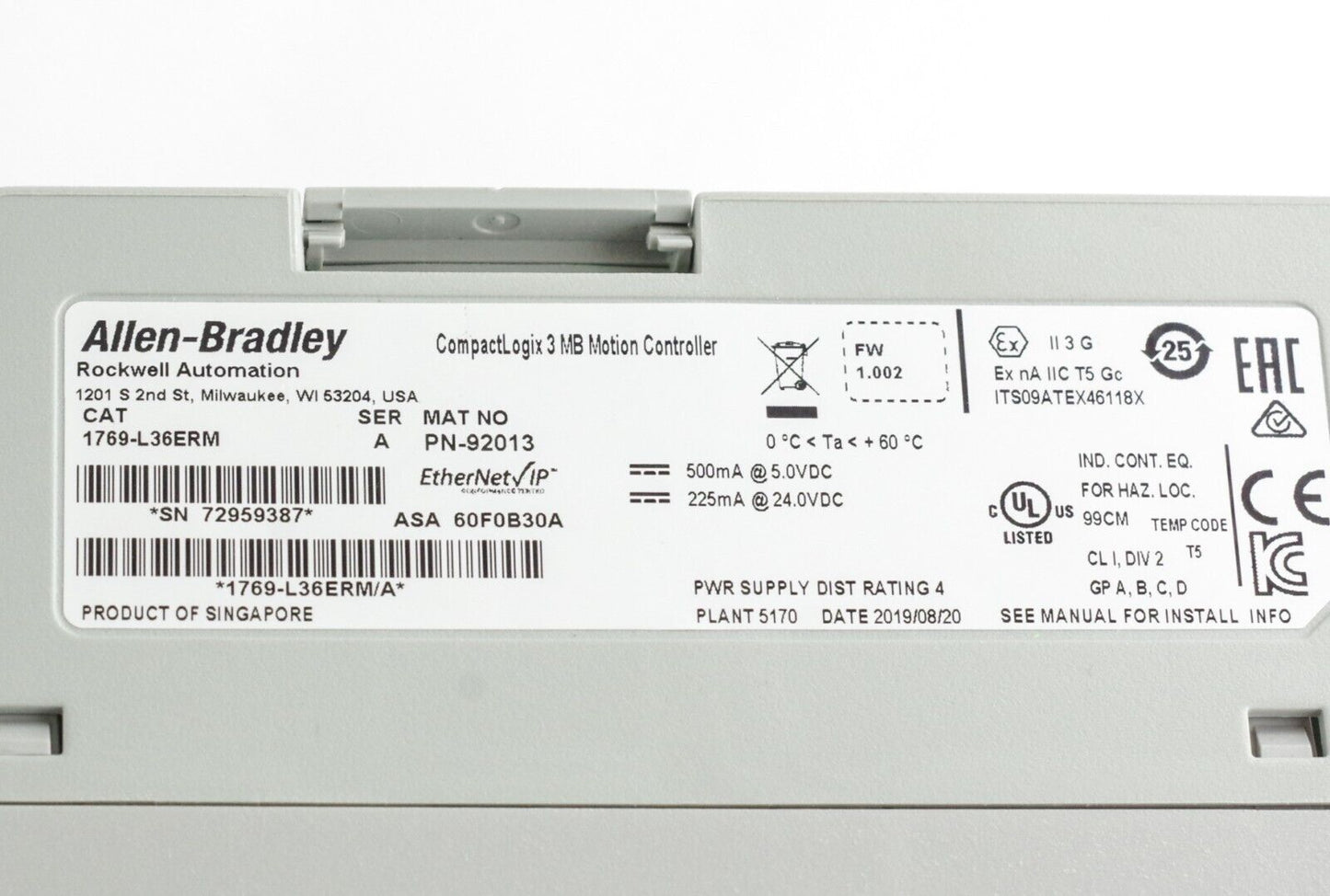 Allen Bradley 1769-L36ERM Series A CompactLogix 3MB Motion Controller