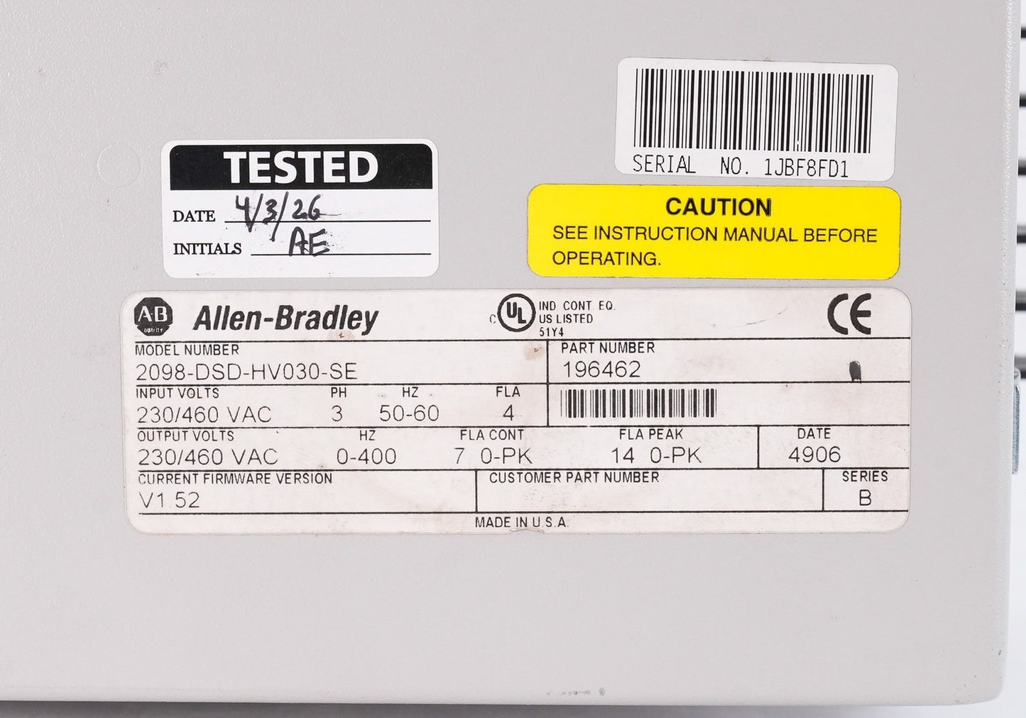Allen Bradley 2098-DSD-HV030-SE /B Ultra3000 Servo Drive 2098DSDHV030SE Video