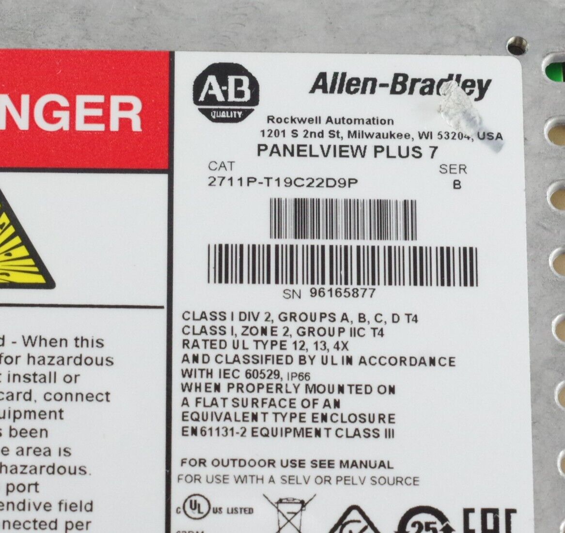 Allen Bradley 2711P-T19C22D9P /B PanelView Plus 7 Graphic Terminal - Installed
