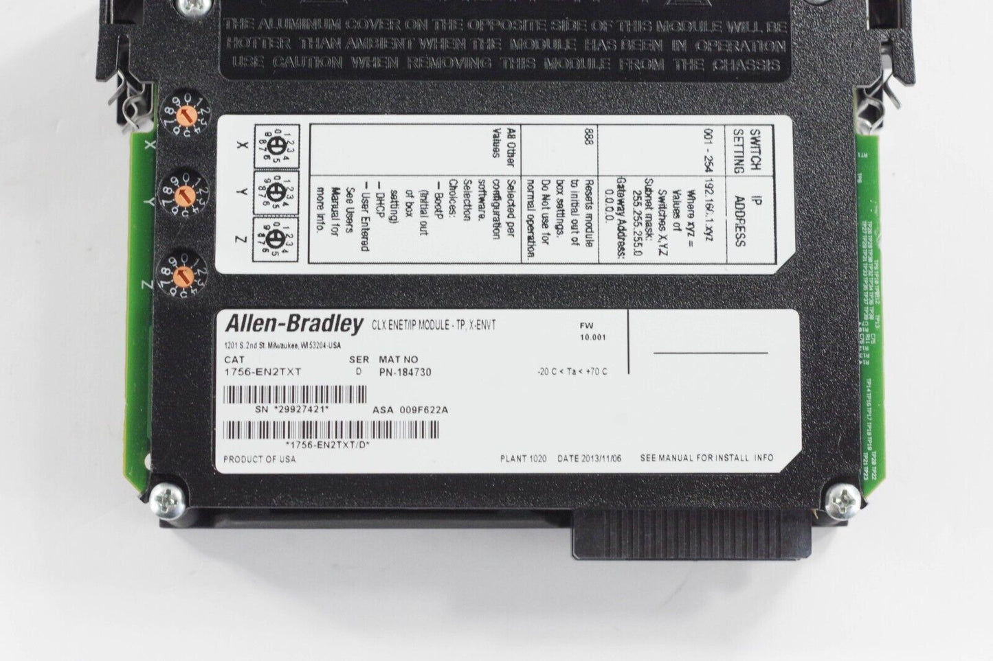 Allen Bradley 1756-EN2TXT /D CIXENET/IP MODULE Ser D FW 10.001 - Missing Cover