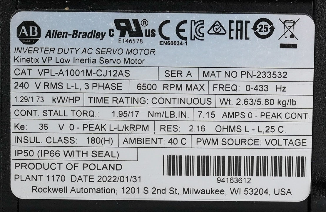 Allen Bradley VPL-A1001M-CJ12AS /A Inverter Duty AC Servo Motor Low Intertia