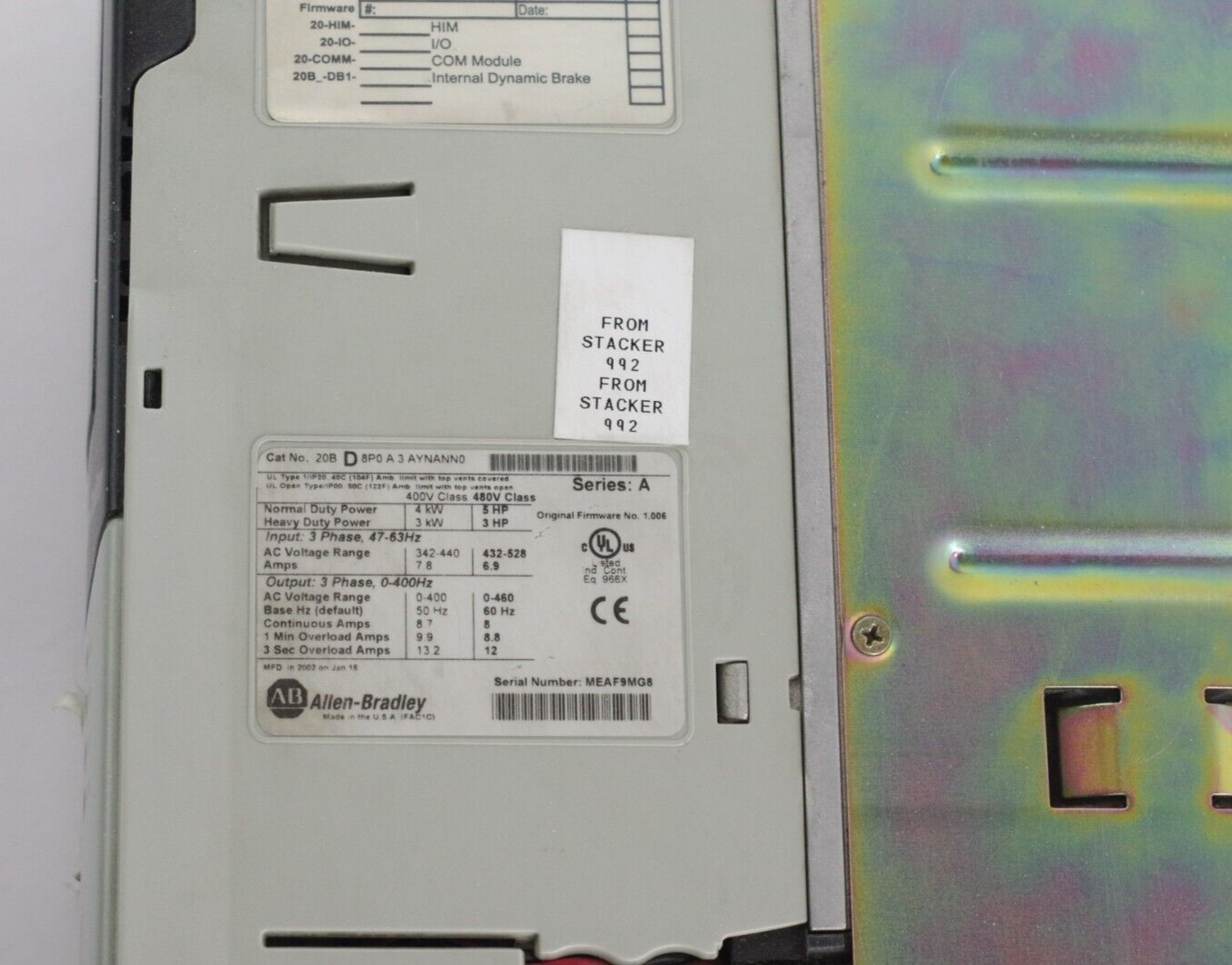 Allen Bradley 20BD8P0A3AYNANN0 Series A Variable Frequency Drive 480 VAC 5hp