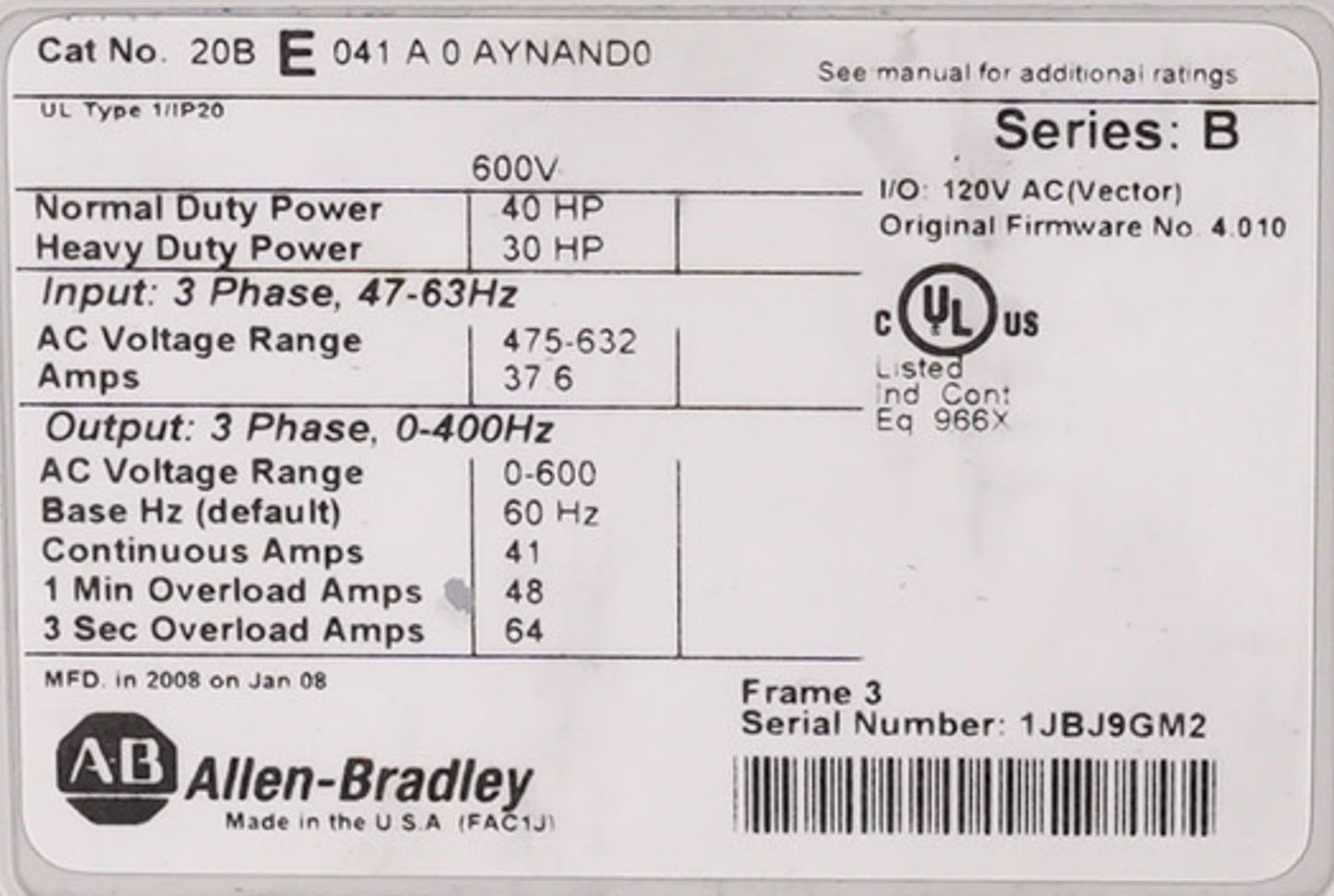 Allen Bradley 20BE041A0AYNAND0 /B PowerFlex 700 AC Drive 600V 40HP 3-Phase