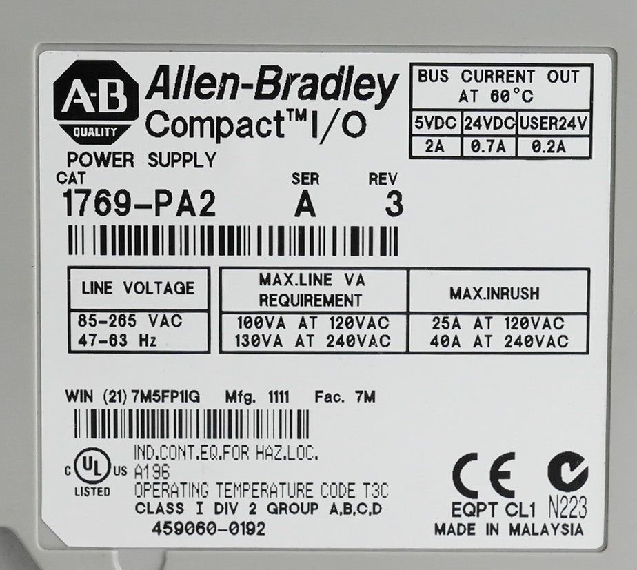 Allen Bradley 1769-PA2 /A Rev 3 Compact I/O AC Power Supply 1769PA2