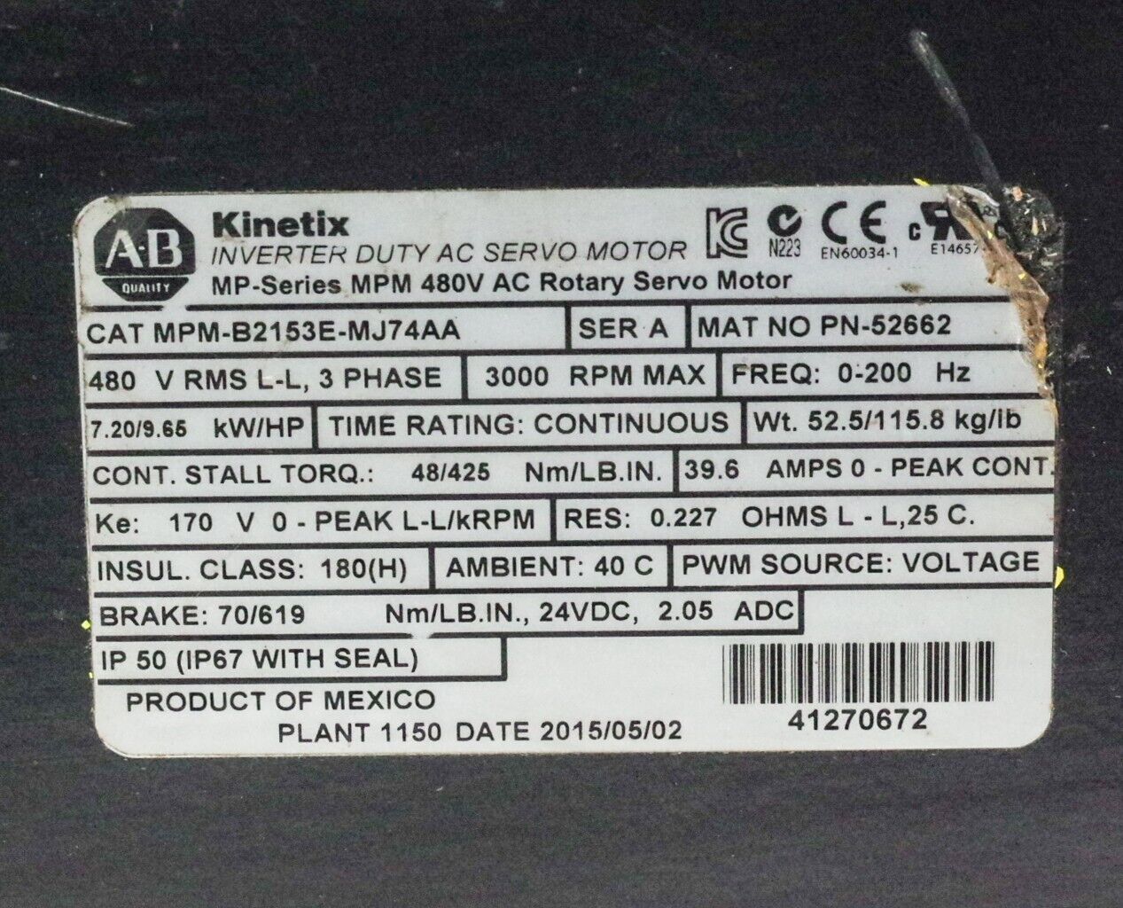 Allen Bradley MPM-B2153E-MJ74AA Ser A Servo Motor 3000RPM 3-Phase 480V 0-200Hz