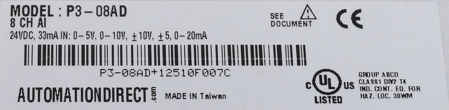 AutomationDirect P3-08AD Productivity3000 8-Channel Analog Input Module P308AD