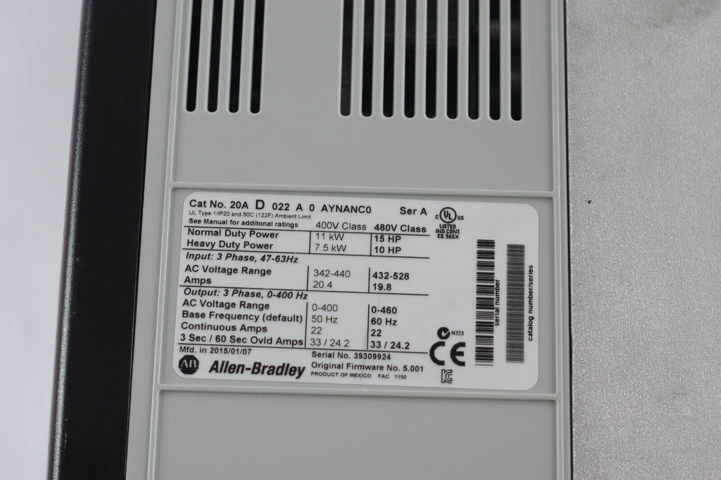 Allen Bradley Powerflex 70 20AD022A0AYNANC0 AC Drive 15HP - Refurbished