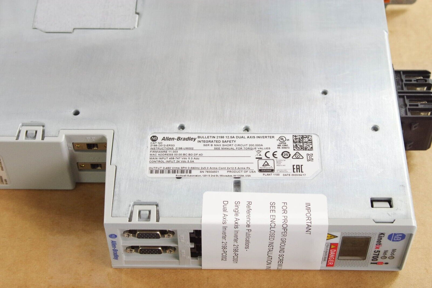 2022 Allen Bradley 2198-D012-ERS3 /B Kinetix 5700 3.2kW Dual-Axis Inverter -Open
