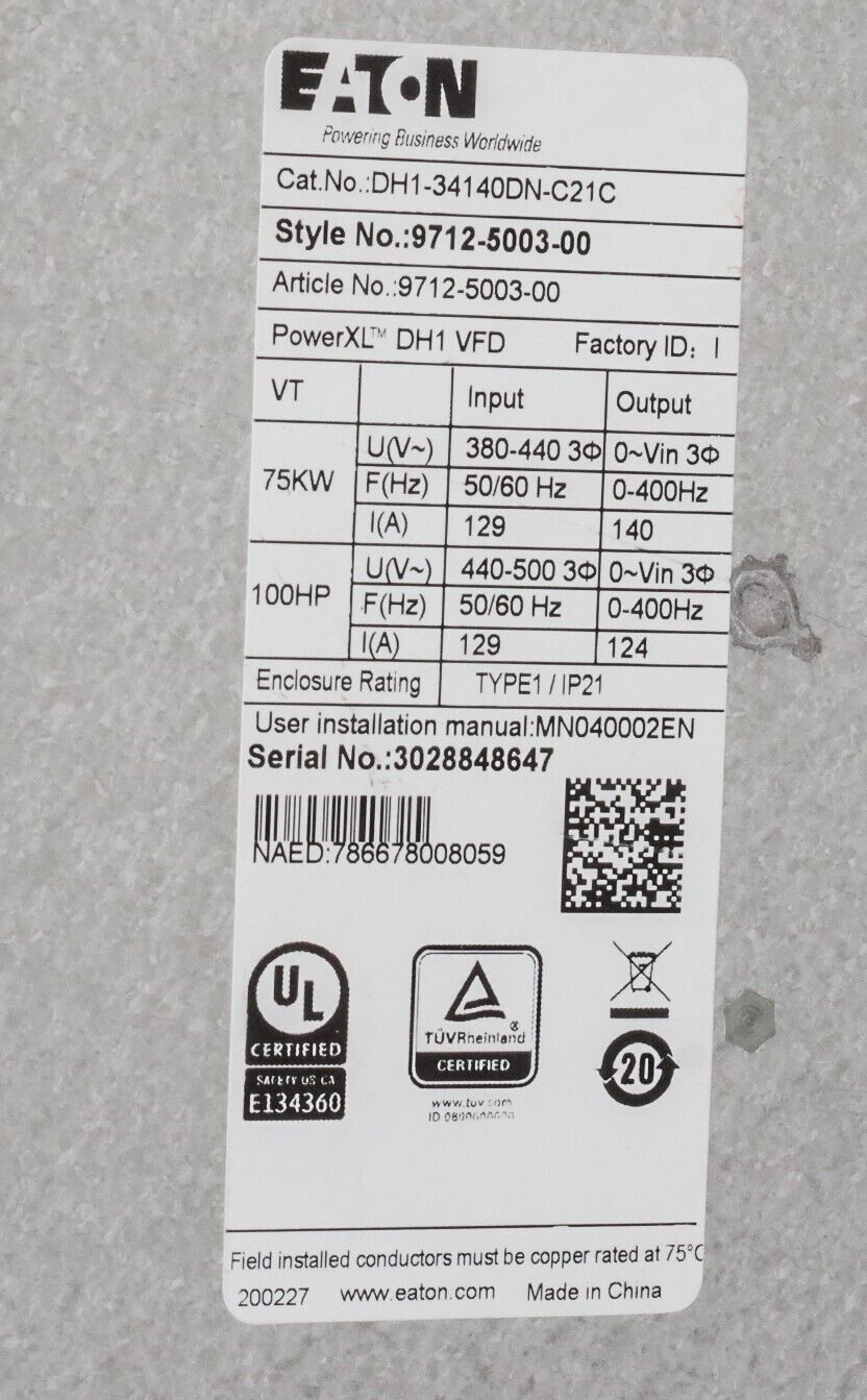 Eaton DH1-34140DN-C21C PowerXL Variable Frequency Drive 480V 3Ph 100HP 400Hz