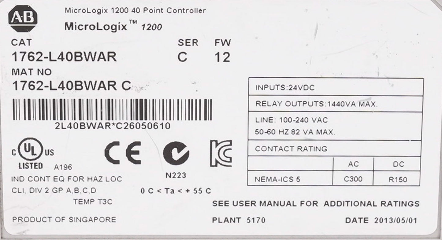 Allen Bradley 1762-L40BWAR /C FW 12 MicroLogix 1200 PLC Module 1762L40BWAR