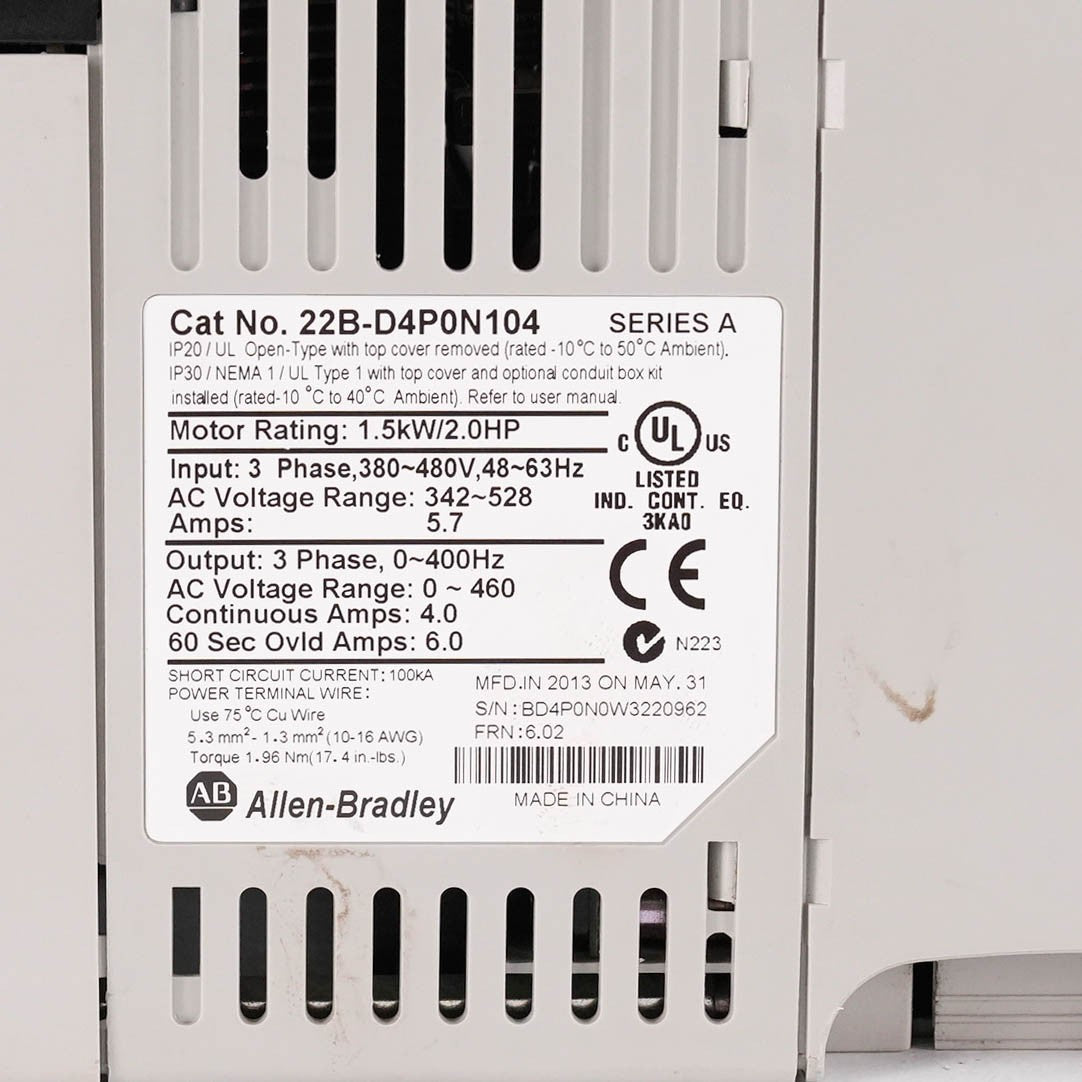 Allen Bradley 22B-D4P0N104 Ser A PowerFlex 40 AC Drive 480V 1.5kW 22BD4P0N104