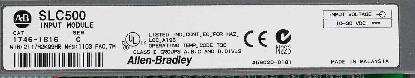 Allen Bradley 1746-IB16 Series C SLC 500 Input Module 1746IB16