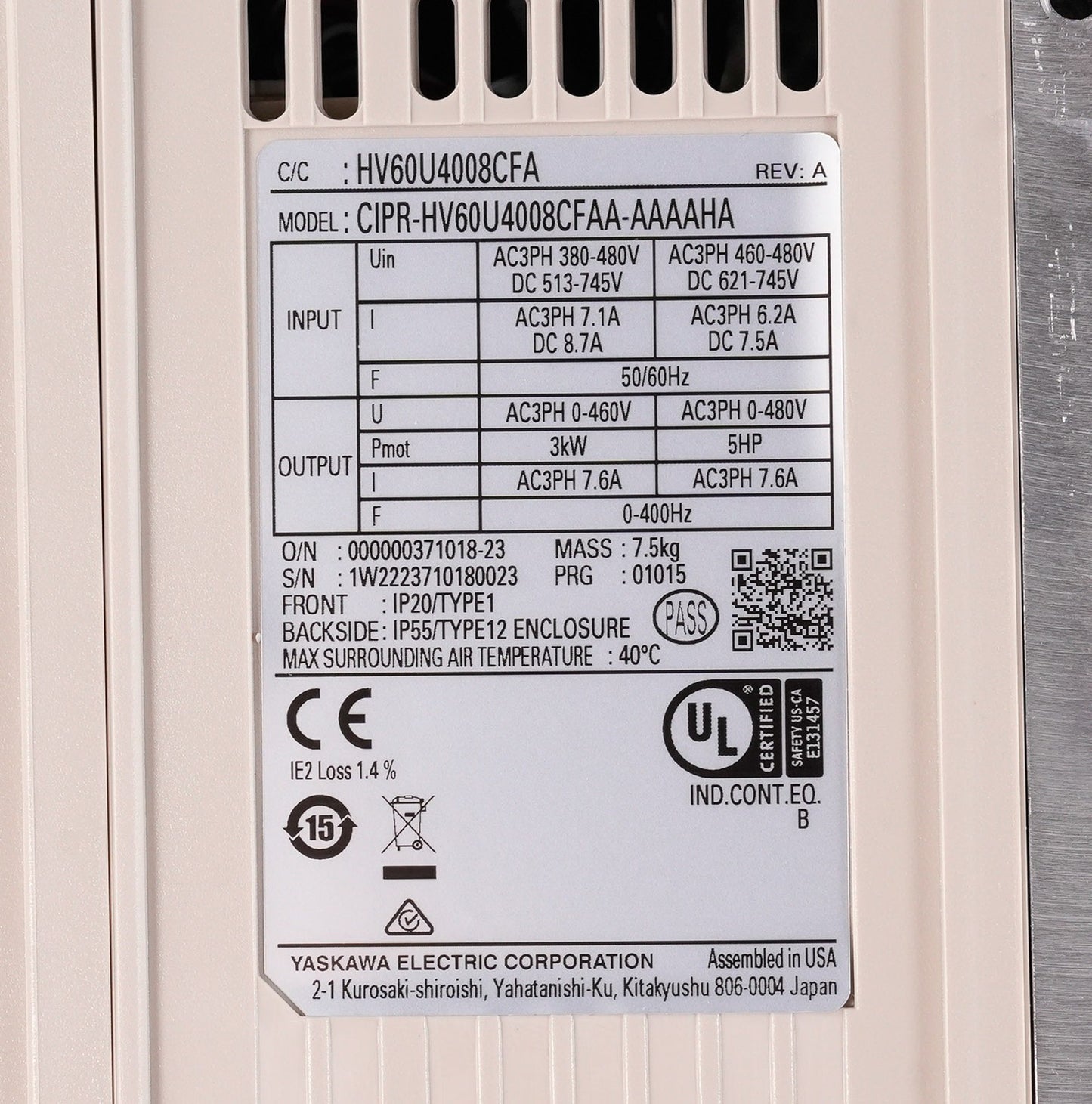 Yaskawa CIPR-HV60U4008CFAA-AAAAHA Rev A 480V 7.5A 5HP AC Drive - Open Box