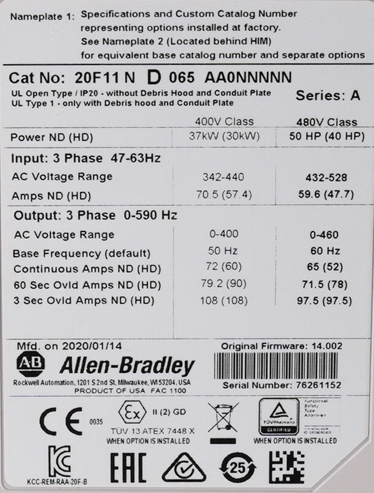 Allen Bradley 20F11ND065AA0NNNNN /A PowerFlex 753 AC Drive 480V 50HP 3-Ph