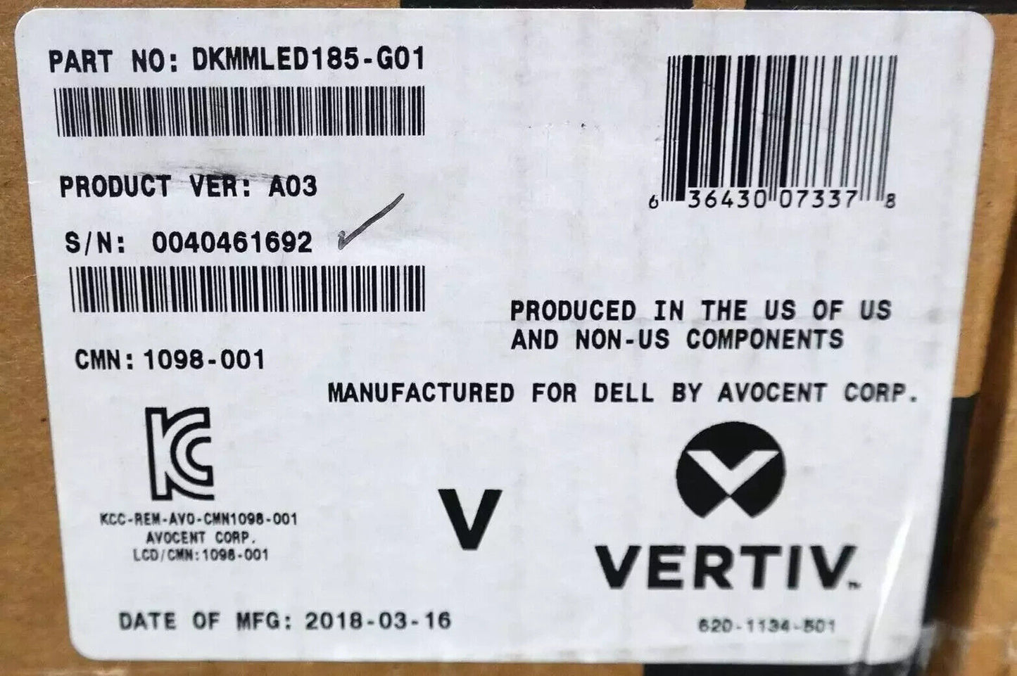 Dell Vertiv Avocent DKMMLED185-G01 KMM Rackmount Console Monitor - New Surplus