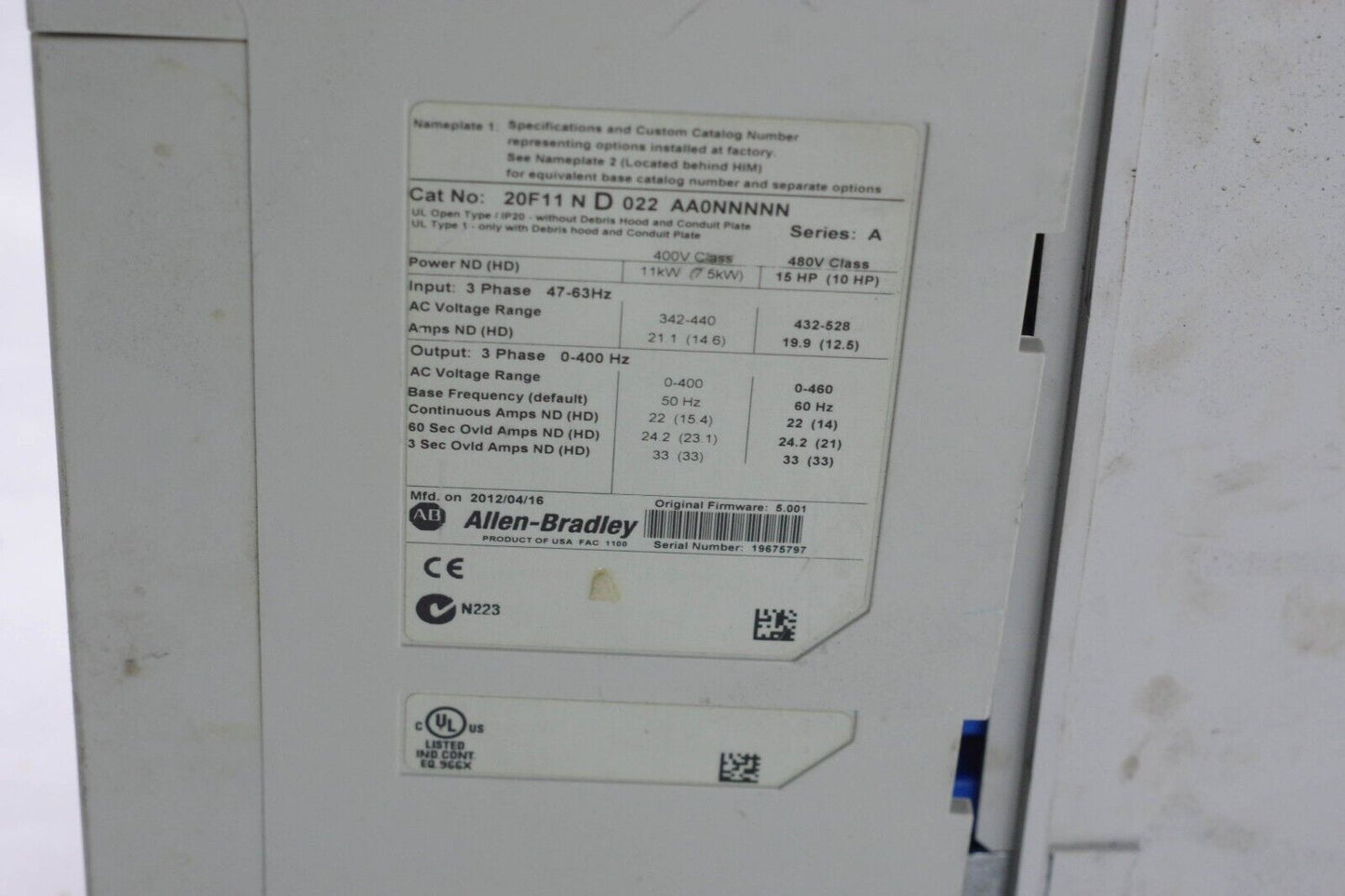 ALLEN BRADLEY POWERFLEX 753 AC DRIVE 20F11ND022AA0NNNNN 15HP - For Parts/Repair