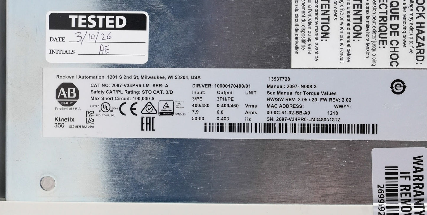 Allen Bradley 2097-V34PR6-LM /A Kinetix 350 Servo Drive 2097V34PR6LM + 2097-F2