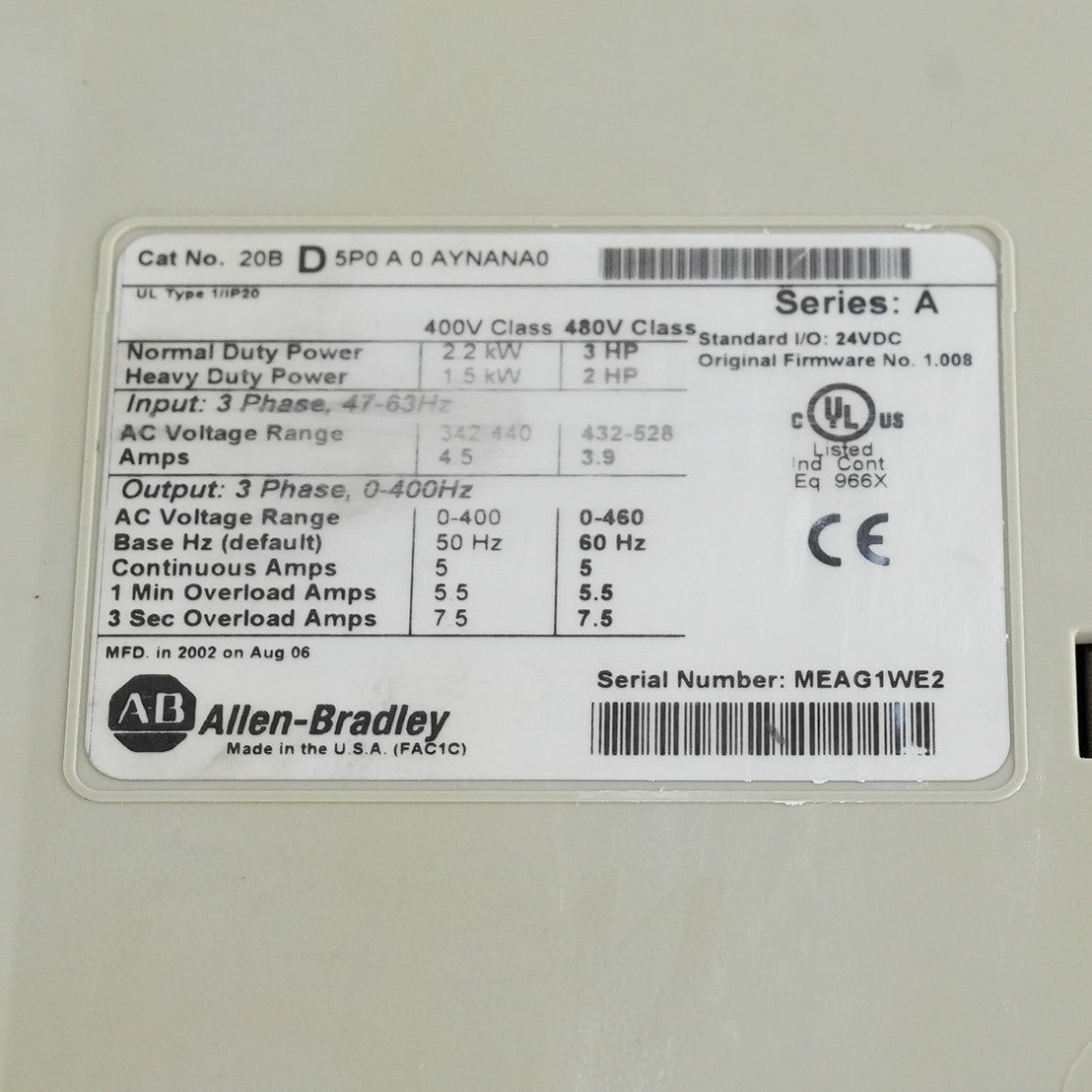 Allen Bradley 20BD5P0A0AYNANA0 Powerflex 700 3-Phase Drive - Refurbished