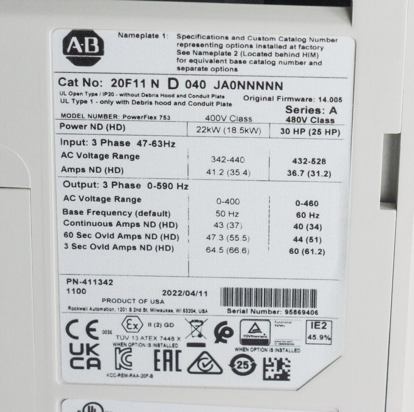 Allen Bradley 20F11ND040JA0NNNNN /A PowerFlex 753 VFD 30HP 480VAC - Installed