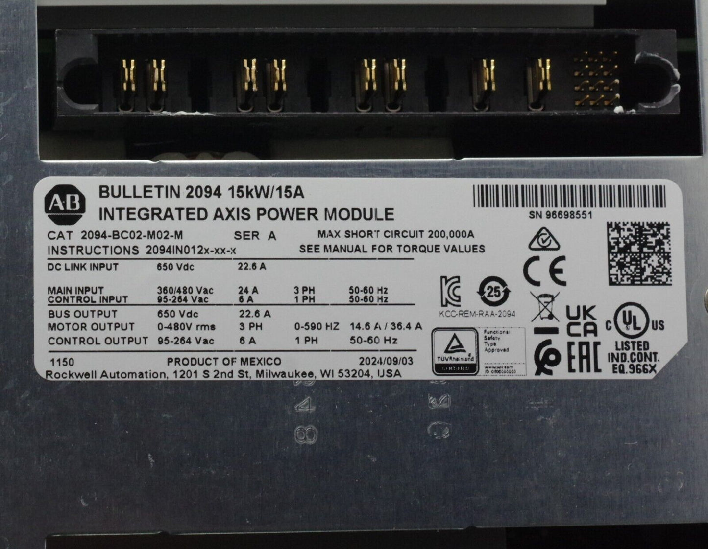 Allen Bradley 2094-BC02-M02-M Ser A Integrated Axis Module 15kW/15A - Installed