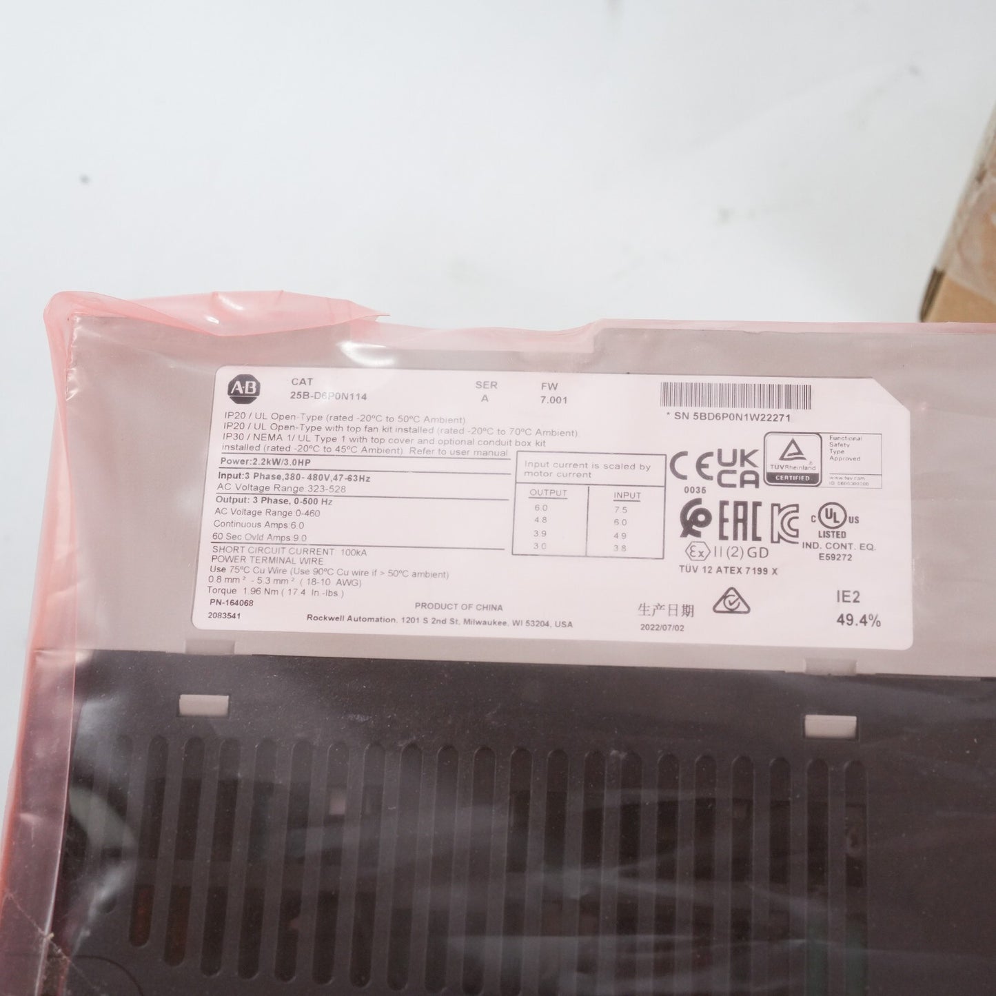 Allen-Bradley 25B-D6P0N114 /A PowerFlex 525 AC Drive 480V 3.0HP - Open Box