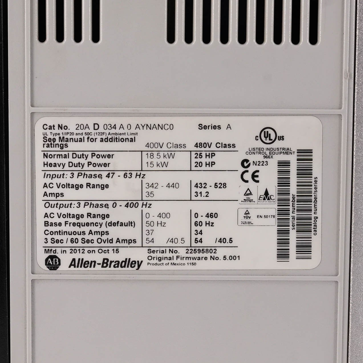 Allen Bradley 20AD034A0AYNANC0 PowerFlex 70 AC Drive 480V 25HP 34A