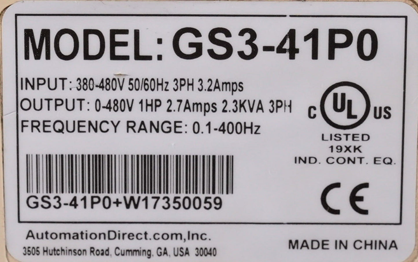 AutomationDirect GS3-41P0 Durapulse AC Drive 1HP 480V 2.7A 3-Phase GS341P0