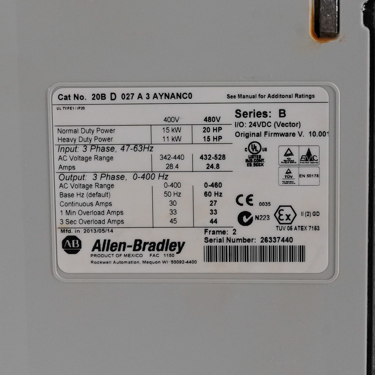 Allen Bradley 20BD027A3AYNANC0 /B Powerflex 700 480V 3-Phase AC Drive