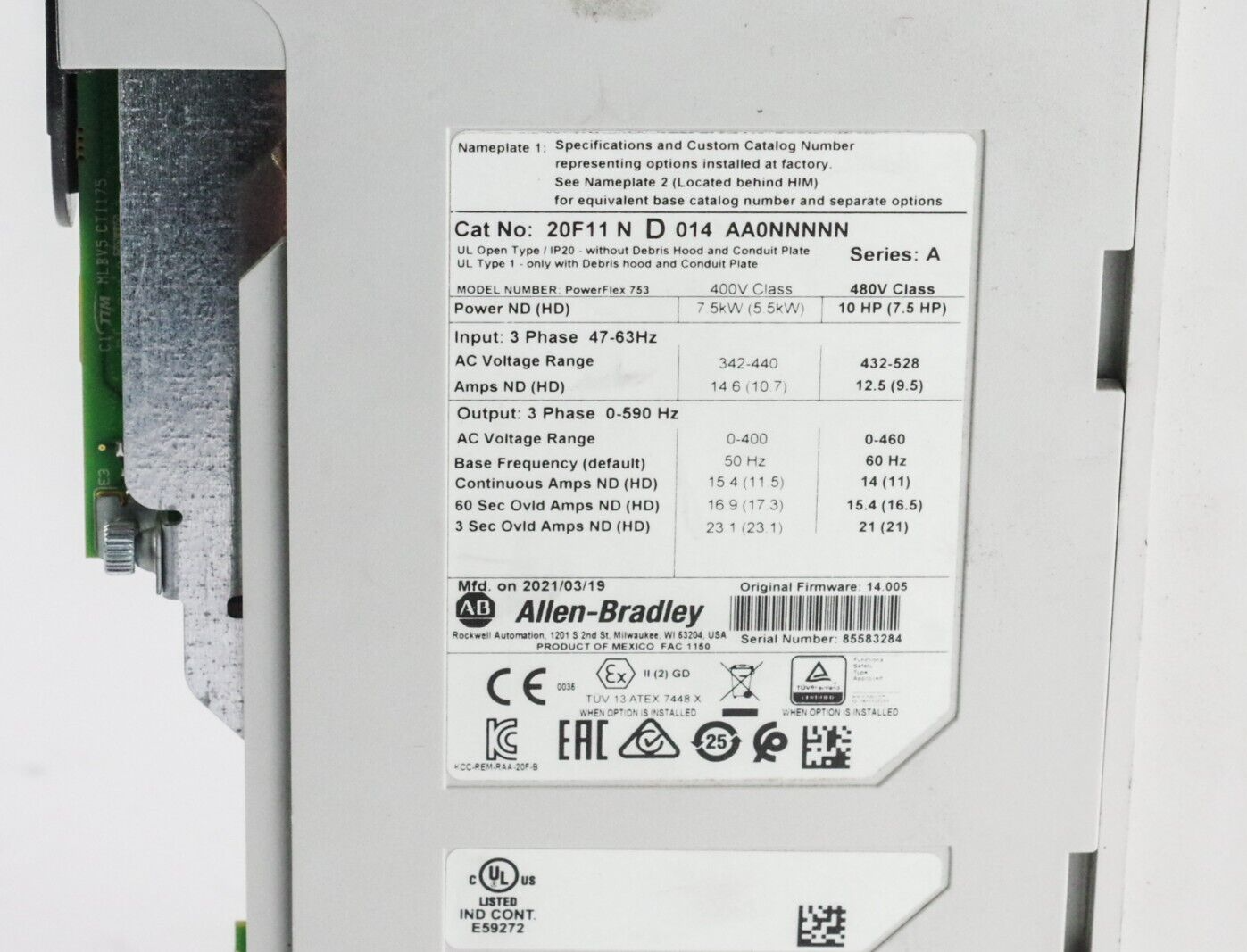 Allen Bradley 20F11ND014AA0NNNNN Ser A Powerflex Drive 10hp - No Hmi/Lower Cover